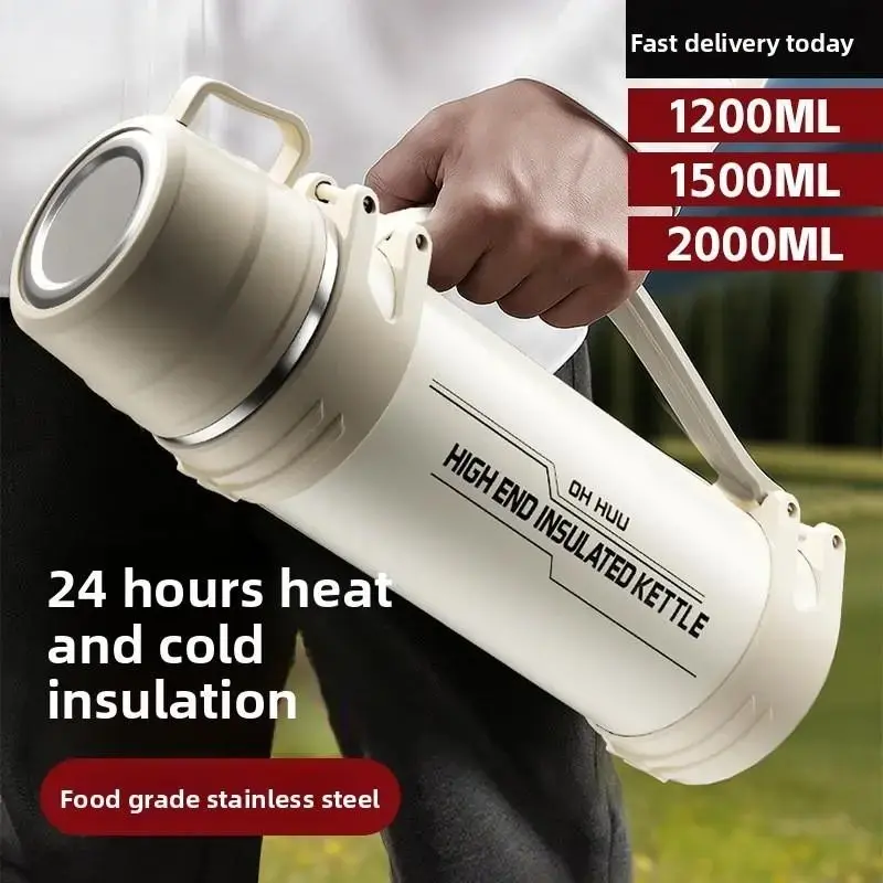 Outdoor Portable Large Capacity Insulated Water Kettle, Stainless Steel Lid, Double Wall Vacuum Flask, Thermal Flask, Sports Hiking Camping, 1.2L 1.5L 2L Customizable, Drinkware
