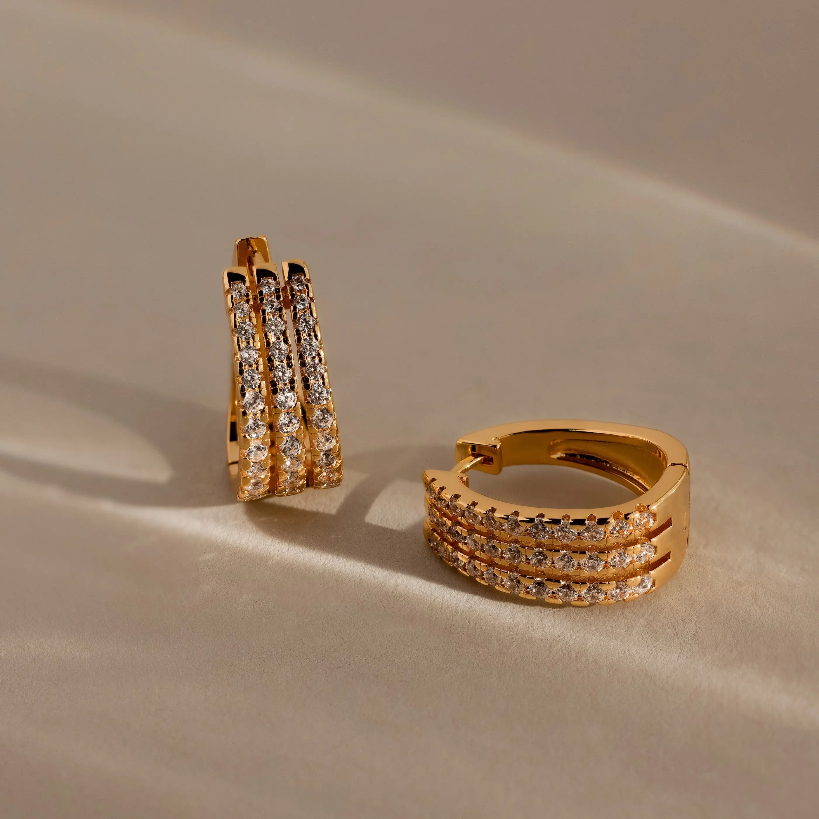Pave Trio Hoops by Caitlyn Minimalist - Chunky Triple Diamond Hoop Earrings in Gold & Silver - Art Deco Statement Earrings - Vintage Jewelry - Gift for Her