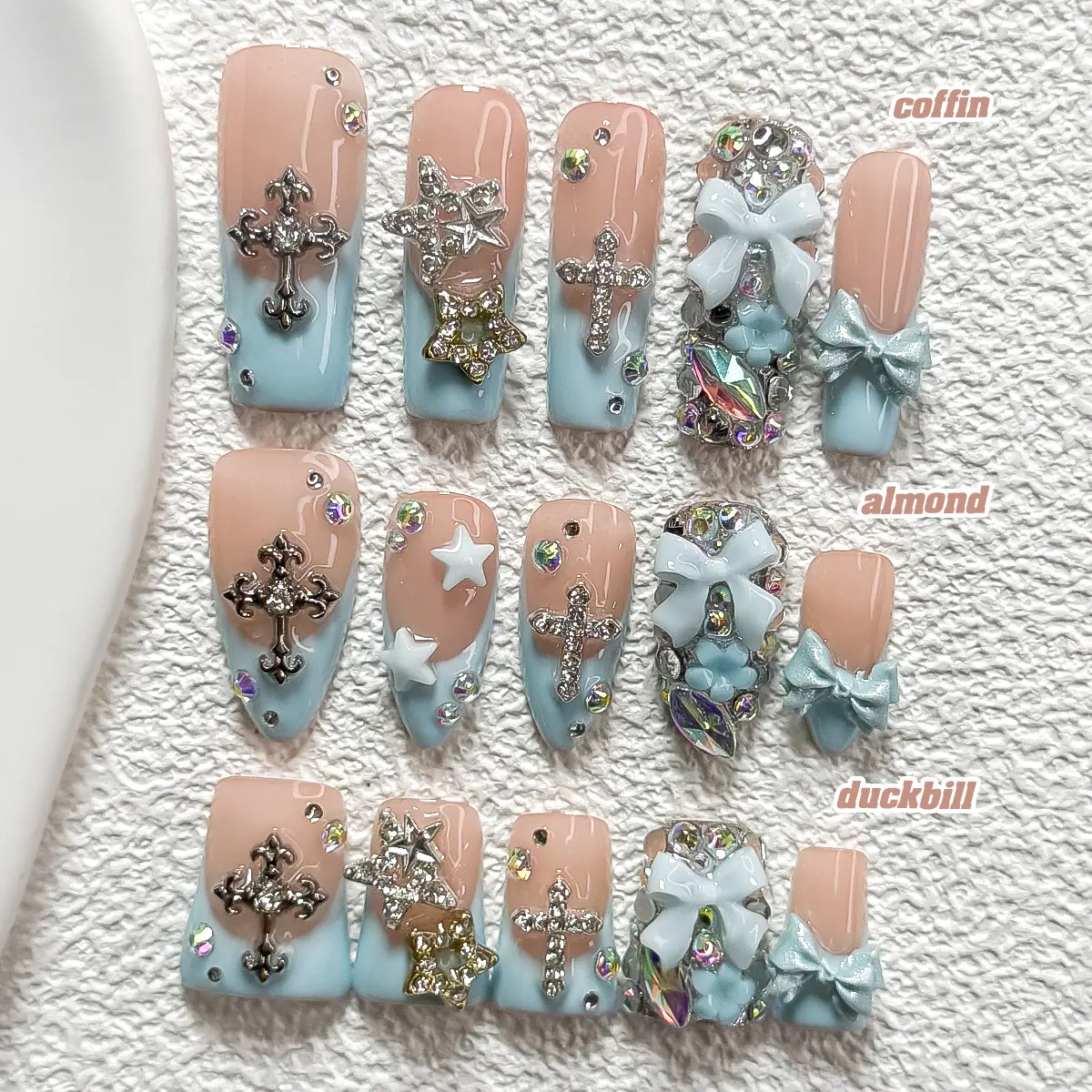 Live | CuraTique | Blue Blush | 10PCS Handmade Press On Nails REUSABLE 3D Gel Spring 2026 / Light Luxury、Lovely、Gorgeous