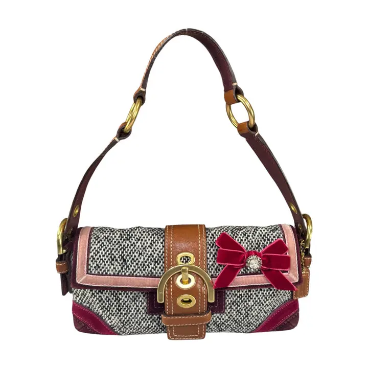 Pre-owned coach Tweed & Suede Shoulder Bags Y2K Limited Tweet Suede Bow Limited Baguette Purse