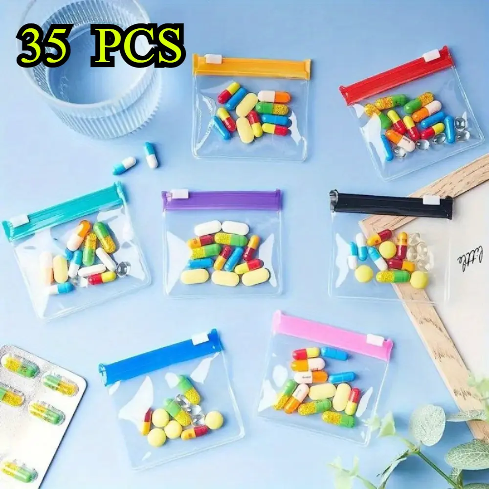 35-Piece Food-Grade Small Plastic Storage Bags (3x2.75in, 7 Colors*5pcs) - Self-Sealing, Leakproof, Translucent, Lightweight Slide Lock, Color-Coded Tops Reusable Pouches for Bag Organization, Travel & Home Use, Self-Sealing Medicine Storage Device