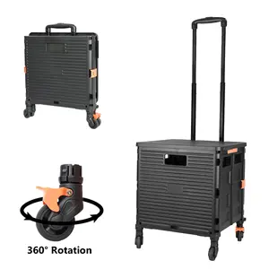 SELORSS BY06S Foldable Utility Cart, Folding Portable Rolling Crate Handcart with Durable Heavy Duty Plastic Telescoping Handle Collapsible 4 Rotate Wheels for Travel Shopping Moving Luggage Office Use