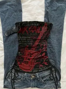 ADD2FIT x Attitoon Women's Casual Vintage Drawstring Tie-Front Cropped Camisole Top, Suitable For Y2K, Grunge, Guitar Print Spring