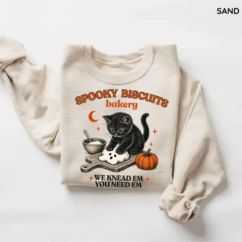 Kitty Biscuits Halloween Sweatshirt, Spooky Black Cat Crewneck, Vintage Baking Pumpkin Pullover, Cute Cat Lover Fall Gift, Cozy Autumn Graphic Top Tee