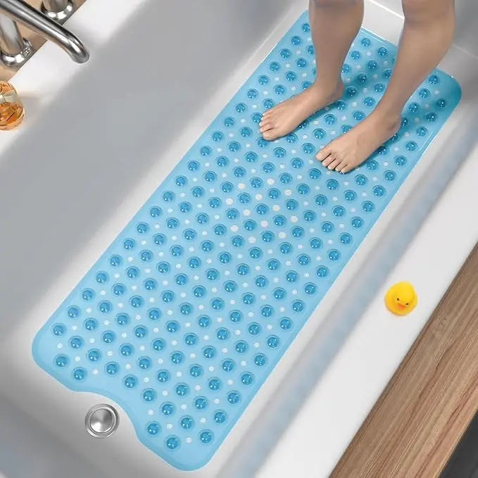 Non Slip Grip Bath Mat for Tub, 40x16 Inch Extra Long Soft PVC Pebble Texture, Machine Washable with Strong Suction Cups & Fast Drain Holes, for Bathroom Decorations, Family, Dorms, Gyms (Blue, Clear, Light Gray, Black) Home Essentials