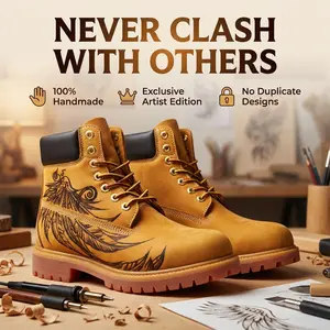American-style thick-soled non-slip work boots, handcrafted burn-embroidery process, colorfast, customizable. Motorcycle boots, durable hiking boots, street denim fashion style, men high-top boots