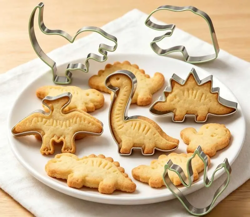 7Pcs Dinosaur Cookie Cutters Set, Stainless Steel Cookie Cutters with Silicone Protective Rim, Dishwasher Safe, Baking Supplies for Kids Birthday Party, Cookies, Sandwiches, Pancakes, Fondant – Fun Gift for Moms & Toddlers
