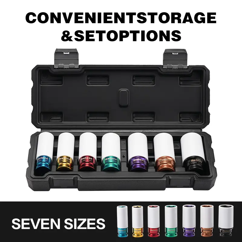 METOXA 7-Piece 1/2" Drive Deep Impact Socket Wrench Set - Color-Coded Thin Wall Metric Lug Nut Sockets with Non-Marring Sleeves, Mechanic Work Tools Kit for Car Wheel Rim Protection