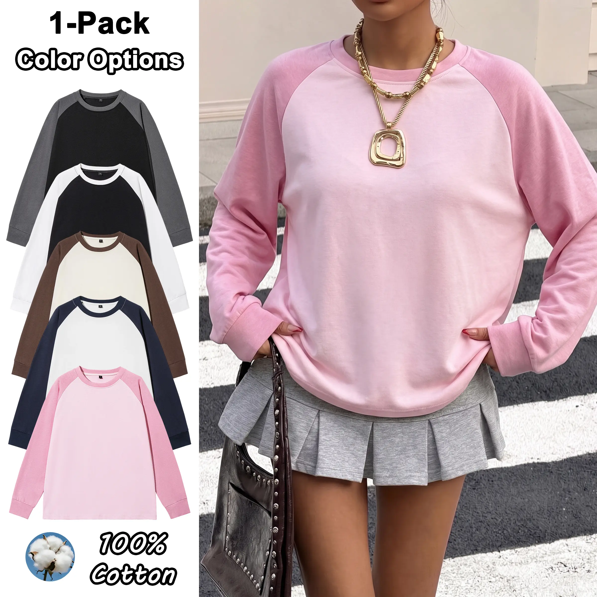 Unisex 100% cotton color-block loose sweatshirt, couples’ casual lightweight sports top, crewneck base layer T-shirt suitable for all seasons, ideal for everyday wear and outings.
