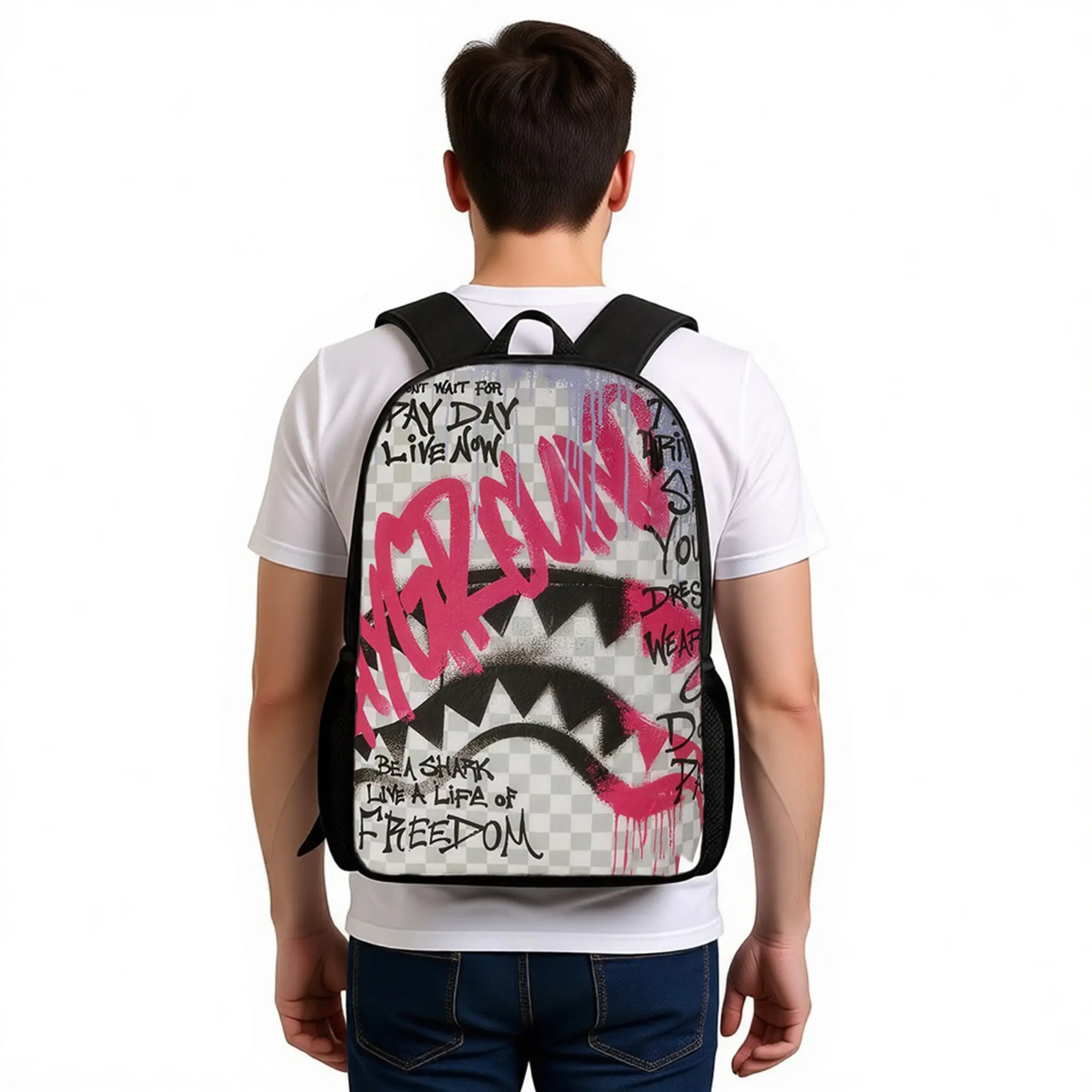 Sprayground-Style Graffiti Shark Mouth Backpack, Pink Street Art Checkerboard Print Polyester Laptop Bag, Lightweight Large-Capacity Hip Hop Streetwear Daypack for Teens