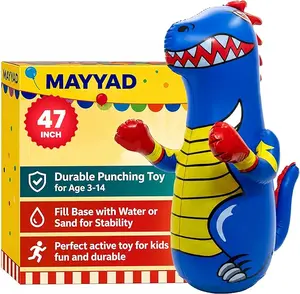 47 inch Inflatable Dinosaur Punching Bag for Kids (Ages 3-14), Durable Blue Bop Bag with Fast Bounce-Back Action, Water/Sand-Fill Base for Stability
