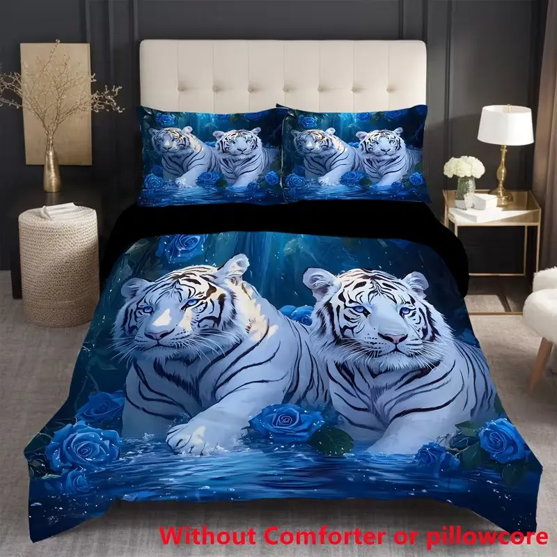 3-Piece Bedding Set, Tiger & Blue Rose Forest Lake Print, Theme Bedding Set, Soft Comfortable Fabric, Zipper Design, Bed Sets