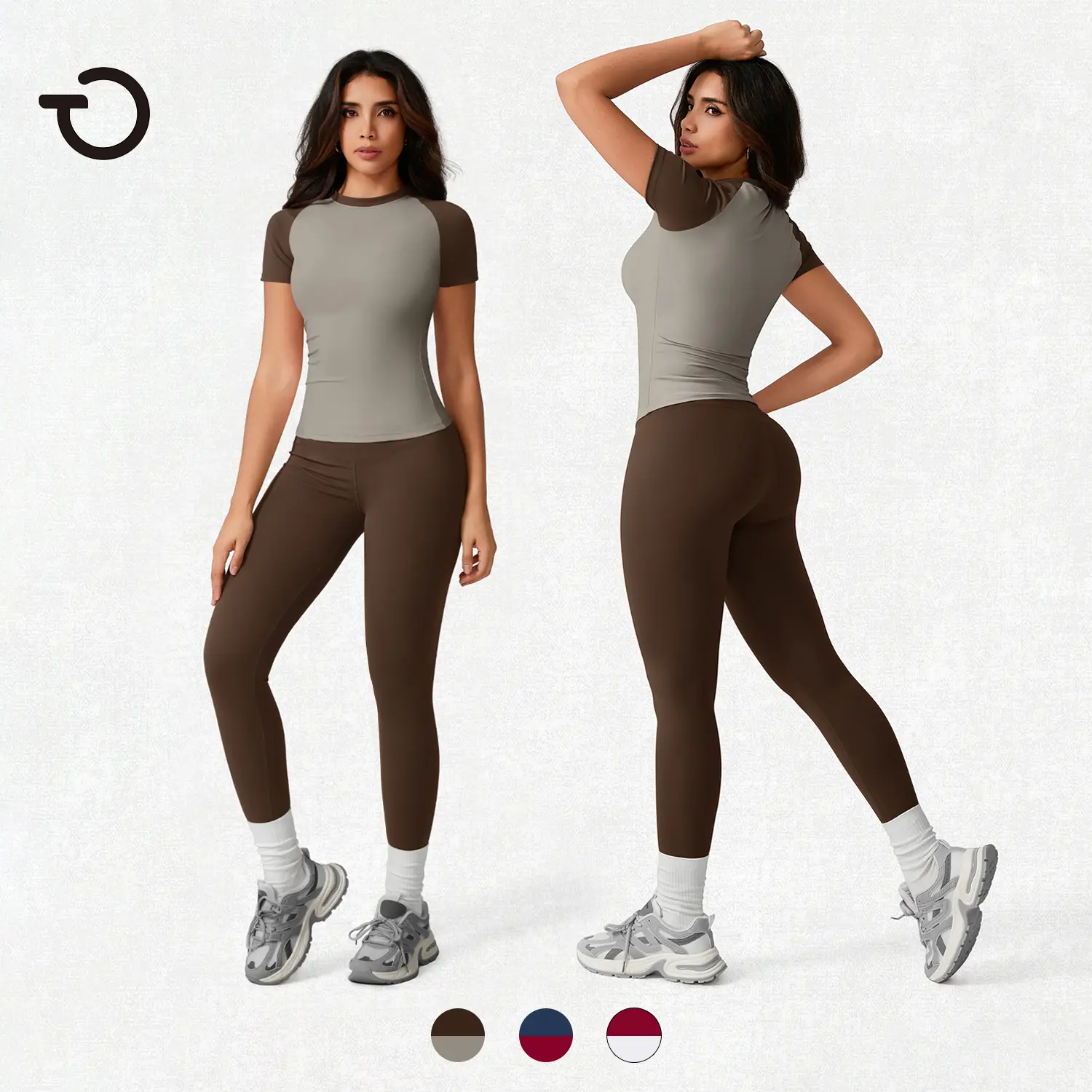 TimeOFF Women's 2 Piece Matching Set - Color Block Workout Outfit with Short Sleeve Top & High Waist Butt Lifting Leggings for Yoga, Outfits, Women's Clothes, 2 Piece Sets, Workout Sets Women