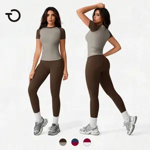 TimeOFF Women's 2 Piece Color Blocking Yoga Set - Short Sleeve Crew Neck Top & High Waist Butt Lifting Leggings, Stretchy Breathable Fabric, Eliminates Movement Restriction & Waist Rolling, Perfect for Yoga, Pilates, Gym & Daily Activewear, Casual Athleti