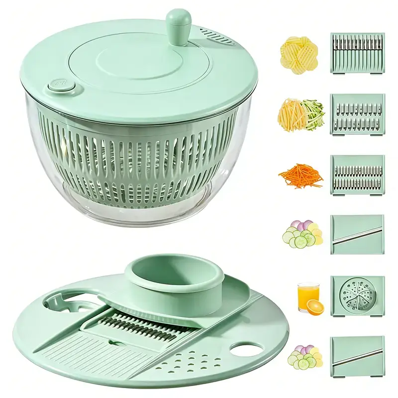 Salad Spinner Large, 3 IN 1 Vegetable and Fruit Washing Bowl with Strainer, Lettuce Spinner with 5 Blades Slicer, Egg Yolk Strainer, Salad Bowl for Efficient Salad Preparation, 5.3 Qt Kitchen Gadgets Set#SummerVibes