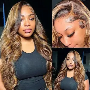 30 Inch Highlight Ombre 13x6 Lace Front Wig Body Wave Honey Blonde Glueless HD Transparent Lace Frontal Wigs for Women 4/27 Colored