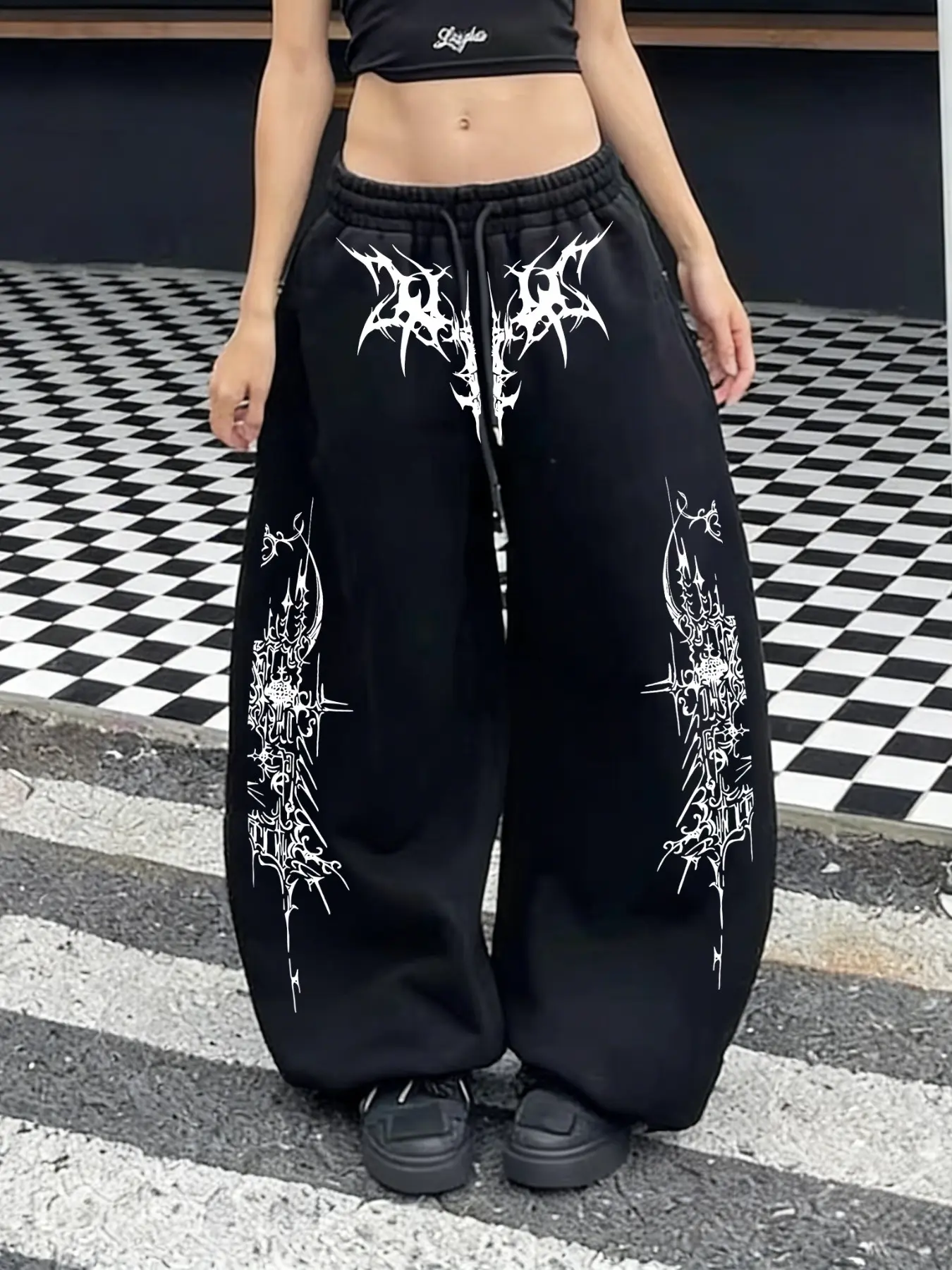 Abstract Thorn Print Baggy Loose Sweatpants - Y2K Gothic Aesthetic Oversized Wide Leg Pants, Drawstring Waist Edgy Streetwear Casual Womenswear Joggers Bottom, Casual Comfy Baggy Casual Bottoms