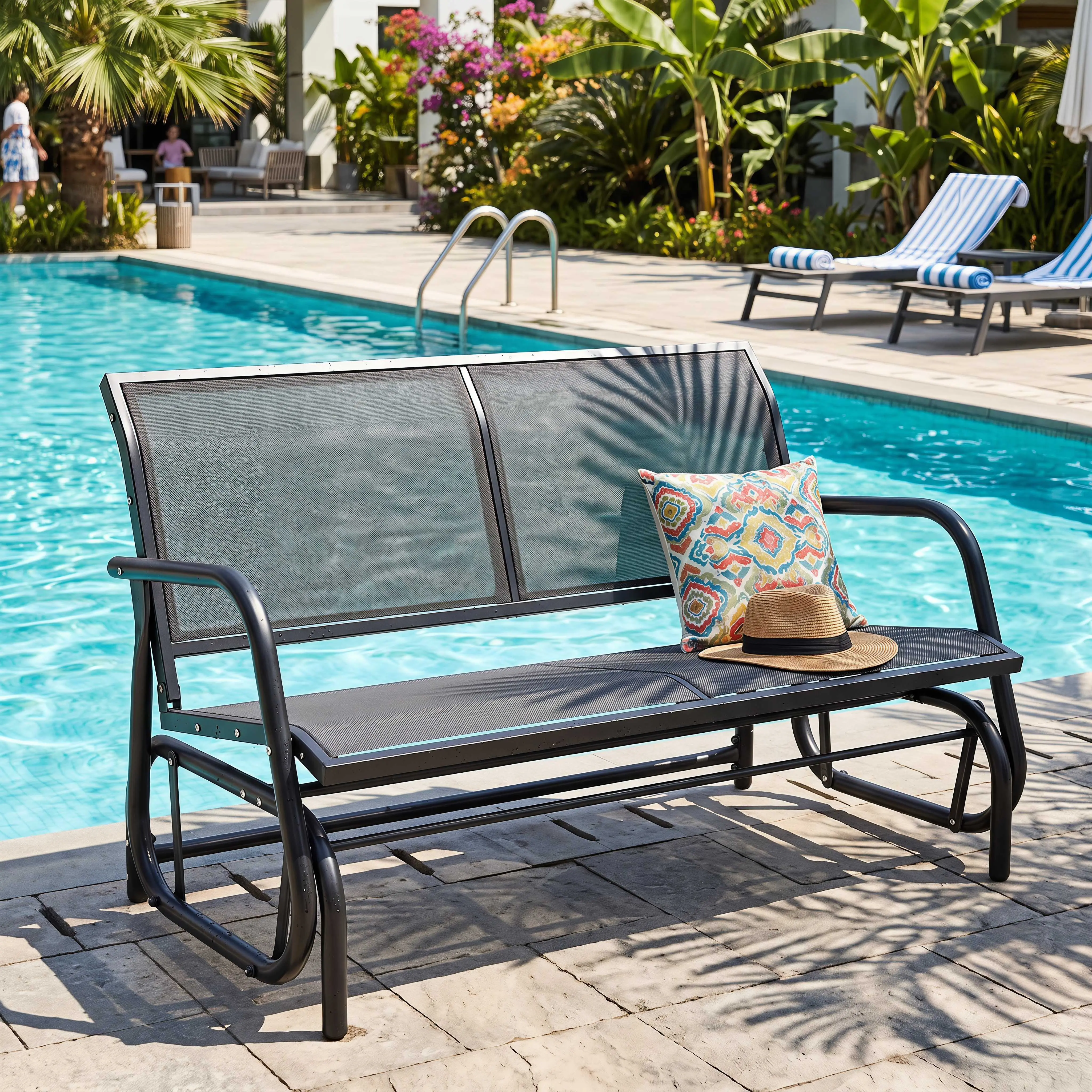 Outdoor 2-Seat Double Glider Rocking Bench, Breathable Textilene Fabric Patio Chair, 440lbs Weight Capacity for Lawn, Poolside - Outdoor Furniture Home Essentials