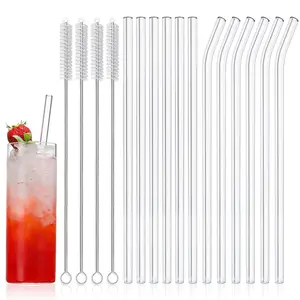 16-Pack Reusable Glass Straws, Clear Glass Drinking Straw, 10''x10 MM, Set of 6 Straight and 6 Bent with 4 Cleaning Brushes - Perfect for 16 oz Glass Cups, Milkshakes, Juice - Dishwasher Safe Drinkware Borosilicate