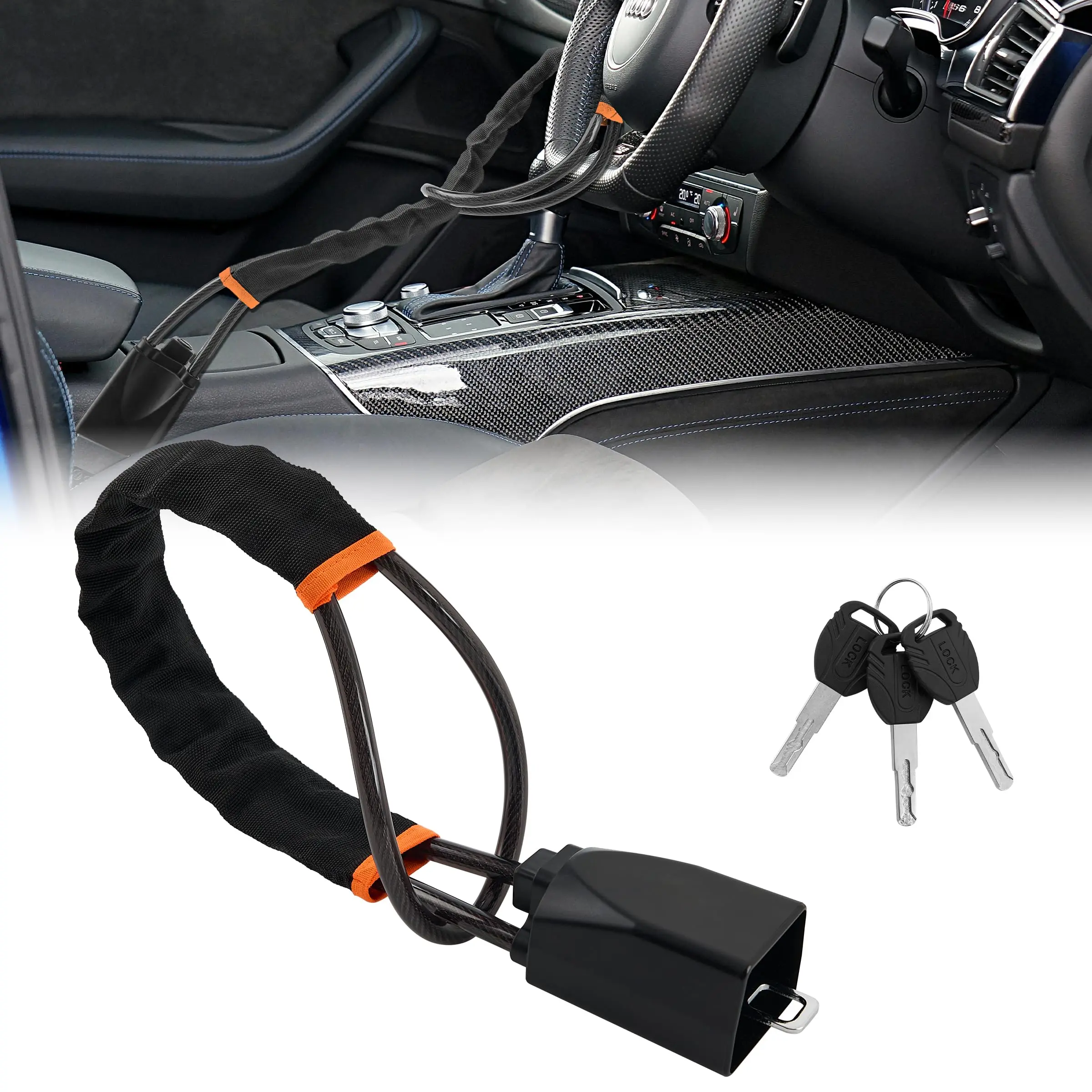 Upgraded car Steering Wheel Lock Anti Theft Car Device Multi-Functional Seat Belt Lock Thickened Steel Wire Fine Stitched Edges 3 Keys Included, Easy to Store Fits Most Cars Vehicles SUVs