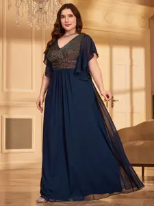 Elegant V-Neck Gradient Sequin Chiffon Fitted Maxi Dress, Flare Sleeve Waist Cinching Pleated Deep Blue Formal Evening Party Gown, Large Swing Hem