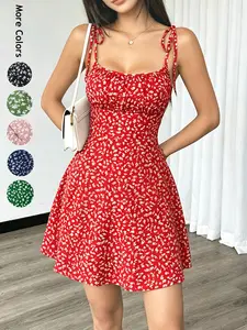 Summer Romantic Vacation Date, Floral Tie Waist Slim Fit Short Dress, Perfect for Outdoor Activities, Stylish and Comfortable Design