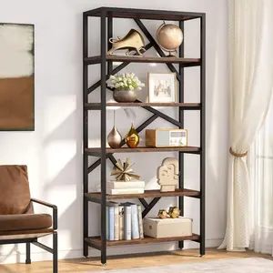 LITTLE TREE 71 Inch Industrial Bookshelf, 6 Shelf Etagere Bookcase, Free Standing Open Book Shelves Storage Display Shelf, Wood Shelving Units Organizer Rack for Bedroom Home Office Living Room