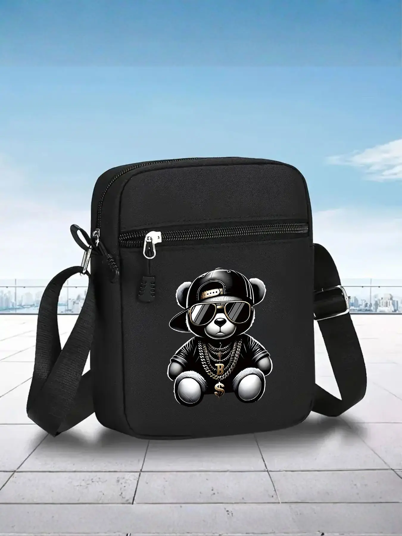 Hipster Bear Print Messenger Bag for Men and Women, Adjustable Street Fashion Outdoor Shoulder Bag, Zippered Sling Bag, Casual Crossbody Bags, Perfect for Daily Wear and Gifts, Adjustable Strap Bag