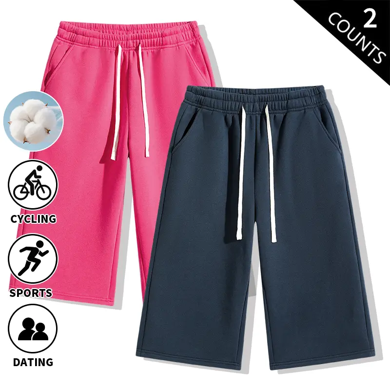 2-Pack Men’s Cropped Sweatpants, Soft CVC Fleece, 7" Wide-Leg Capri Joggers, Drawstring & Pockets, Casual Sports, Cycling, Everyday Dating Pants