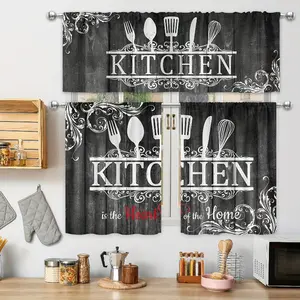 2D Flat, Rustic Farmhouse Black and White Kitchen Curtain Valance Set with Utensil Cutouts (Knife/Spoon) - Vintage Country Rod Pocket Valances, Filtering Fabric for Modern dairy-Themed decor in the kitchen, Dining Room & Bedroom, 2D Flat casual home
