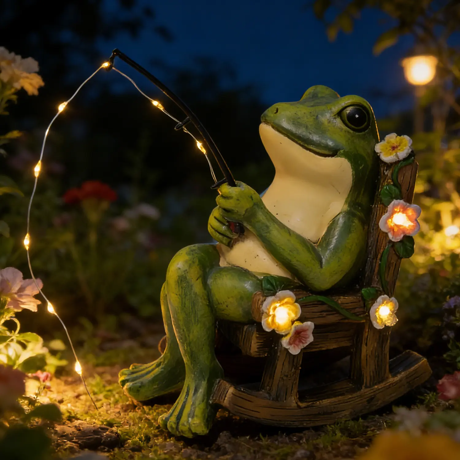 Solar Frog Garden Statue with Fishing Rod Lights, Funny Frog Figurine Outdoor Decor, Mini Fairy Garden Accessories for Patio Yard Lawn Porch, Resin Solar Powered Frog Ornament, Housewarming Mom Gifts, Solar Outdoor Lights, Funny Gifts Accessories