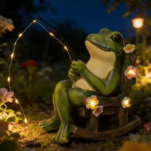 Solar Frog Garden Statue with Fishing Rod Lights, Funny Frog Figurine Outdoor Decor, Mini Fairy Garden Accessories for Patio Yard Lawn Porch, Resin Solar Powered Frog Ornament, Housewarming Mom Gifts