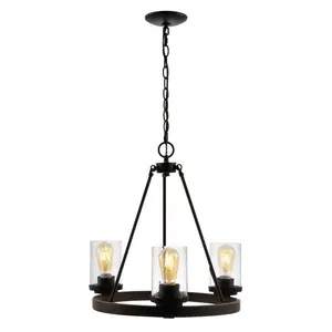 JONATHAN Y Coronet 3-Light Iron/Seeded Glass Rustic Farmhouse LED Chandelier; for Living Room, Bedroom, Kitchen, Office