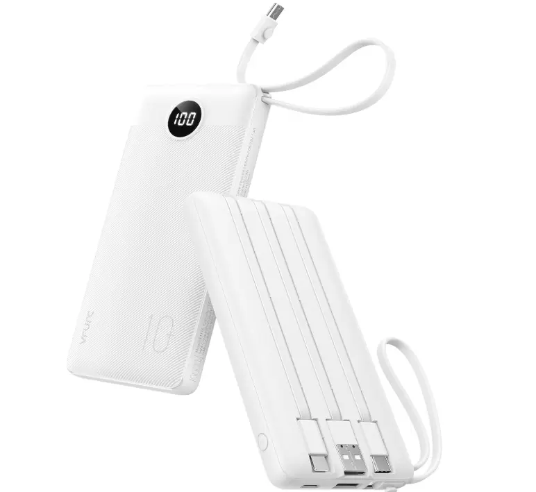 VRURC 10000mAh Portable Power Bank, 4 Built-in Cables & Lanyard, USB-C Portable Charger with Digital LED Display, Compatible with iPhone, Samsung & All Android Phones, White 1 Pack