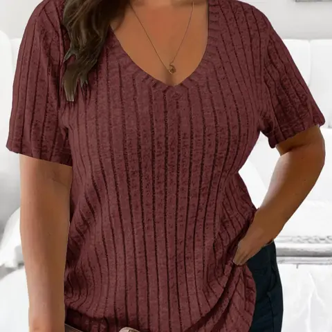 [Plus Size] Solid Ribbed V Neck Tee, Casual Short Sleeve T-shirt for Summer, Casual Plain Top, Women's Clothing for Daily Wear, Fashionable Tops, Casual Tee
