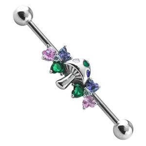 Mushroom Rainbow Heart CZ Stainless Steel Industrial Barbell