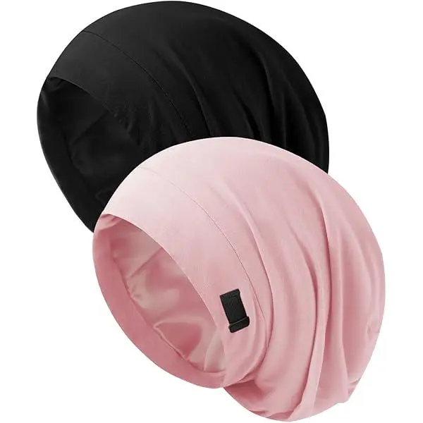 2PCS Silk Bonnet for Sleeping Women, Adjustable Silky Satin Lined Sleep Cap, Silk Hair Wrap Slouch Beanie Hat