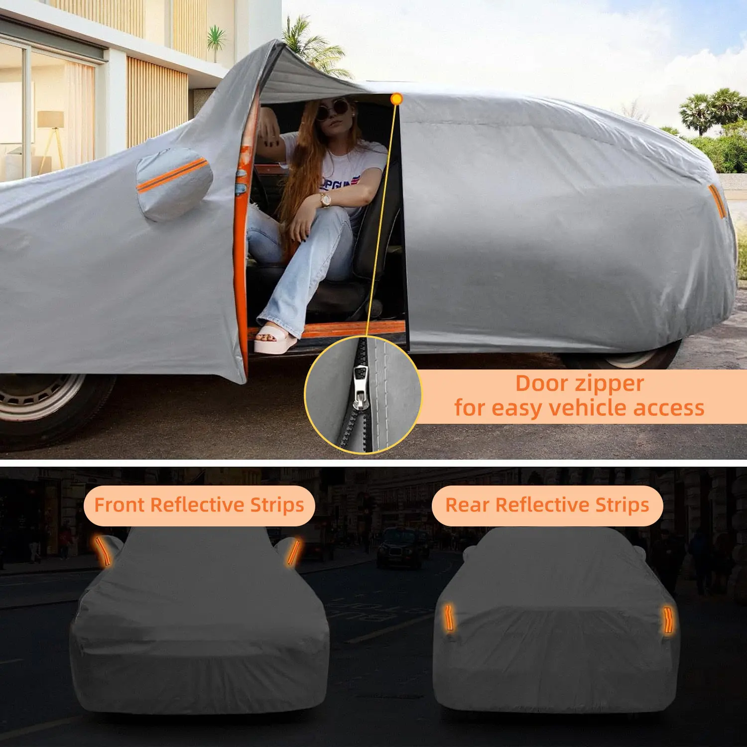 All-Weather Custom-Fit Waterproof Car Cover Protector - Hail Protector, UV-Resistant Shell Guards Paint, UV Fade Control, UV Shield, Waterproof Shell Blocks Rain, Dustproof, Zipper Door, Reflective Strips, for Outdoor/Indoor Parking