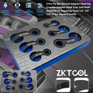 6 Pcs Pry Bar Wrench Adaptor Head Set, Crowbar Adapter Head Tool, Half Shaft Removal Car Repairing Tools 1/2" 3/8" 1/4" D 8pt (Square) Profile