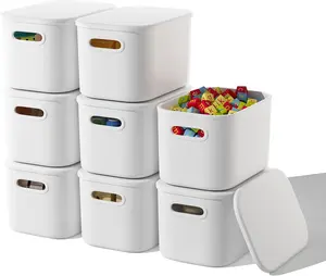4/8-Pack Stackable Storage Bins with Lids – Durable White Plastic Organizer Baskets with Handles – Space-Saving Containers for Home, Office, Kitchen, Bathroom, Garage & Playroom