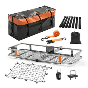 Folding Hitch Mount Cargo Carrier Basket 60x21x6 with Waterproof Luggage Bag 16 Cubic Feet, 500 Lbs Capacity Cargo Basket, with Hitch Stabilizer, Straps, Net