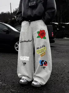Drawstring Sweatpants with Rose Letter Print, Casual Long Pants for Daily Wear, Trendy Graphic Design Straight Leg Joggers