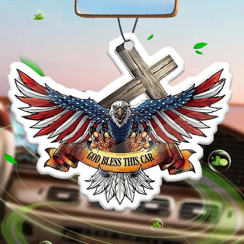 God Bless This Car Cross Eagle Flag Air Freshener, Long-Lasting Aromatherapy Hanging Ornament for Car, Premium Natural Oil Scented Diffuser, Car Fragrance