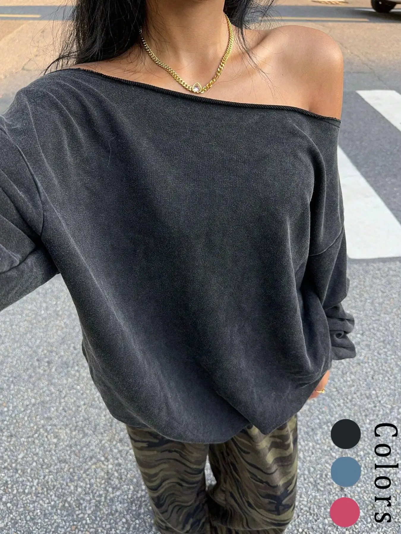 Women's Vintage Washed Asymmetrical Slant Shoulder Sporty Sweatshirt, Casual Loose Long Sleeve Top, Perfect for Daily Commute, Leisure and Fitness