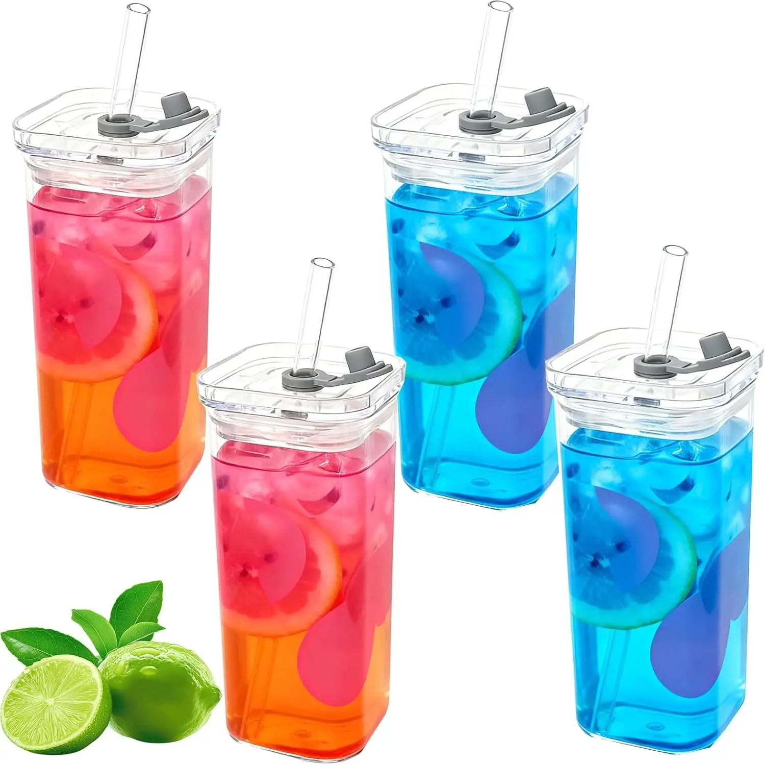 PrimePickGlobal Heat-Safe Square Glass Tumbler Drinkware Gift - 4/6 Pack Reusable Multi-Use Drinkware with Lid & Straw, Portable Durable Everyday Kitchen Gadgets for Home & Outdoor Use, Reusable Drinkware