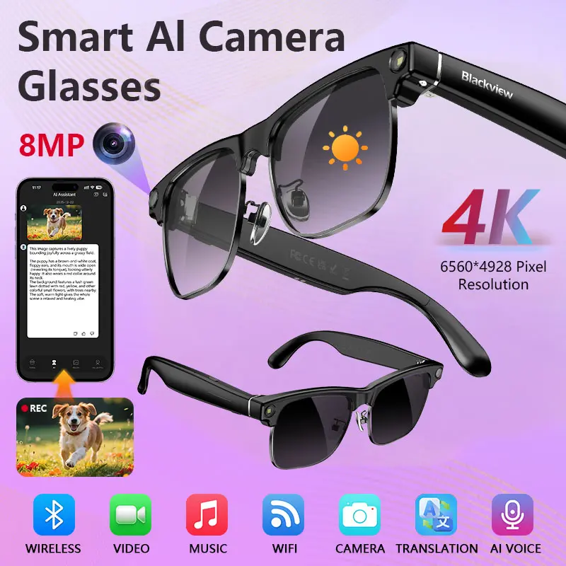 Blackview AI Smart Glasses, 8MP Camera, ChatGPT, Real-Time Translation in 139 Languages, Bluetooth Audio, Built-in Microphone, Photochromic Lenses for Men & Women