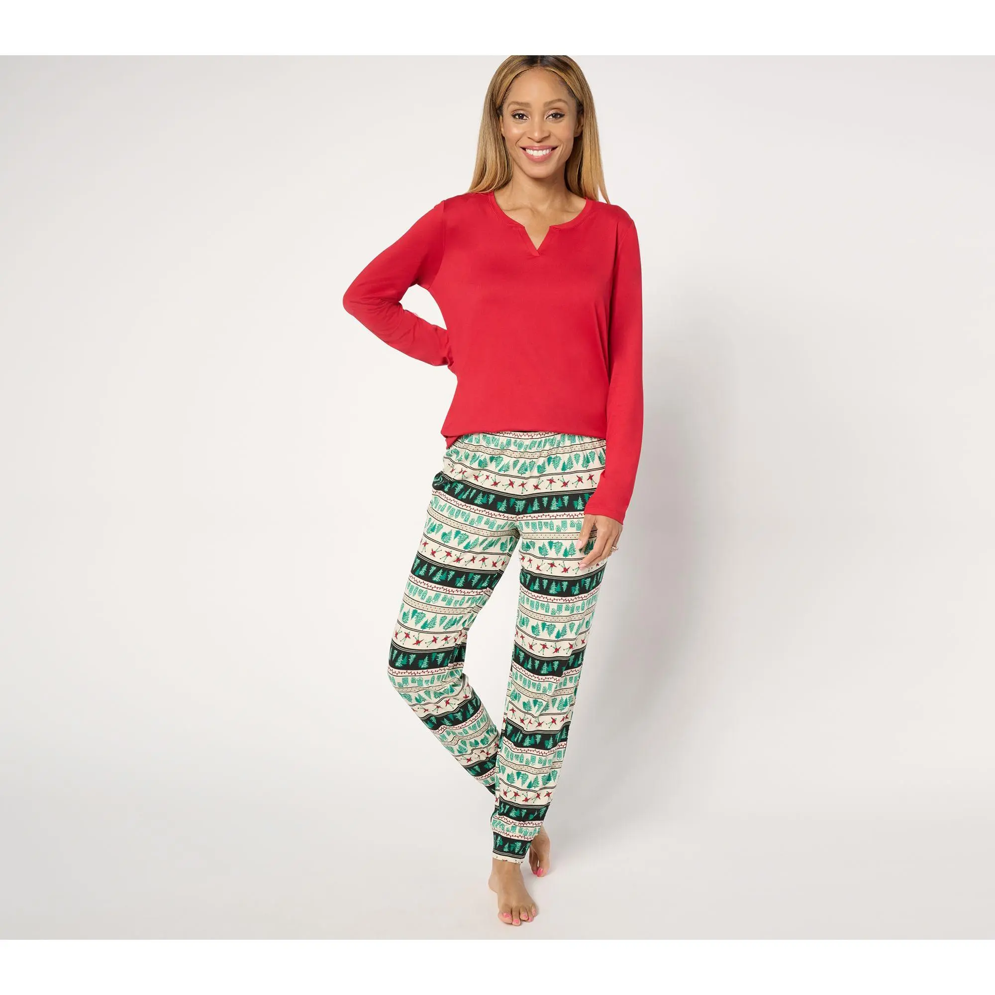 AnyBody Regular Lush Jersey Solid Top and Printed Joggers Sleep Set