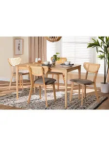 Baxton Studio Dannell Mid-Century Modern Upholstered 5-Piece Dining Set, Grey & Natural Oak-Light Brown Fabric & Wood Dining Table Included, 29.5x47.2x29.9in, Upholstered Dining Set