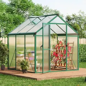 6×6FT Greenhouse, Walk in Greenhouses for Outdoors and Seasons Garden Planting, GreenHouses with Quick Setup Structure and Roof Vent, Polycarbonate Greenhouse with Enhanced Aluminum Frame, Green