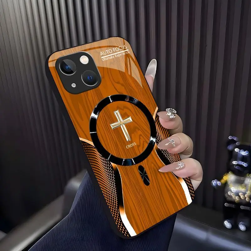 Luxury Wood Grain MagSafe phone case Carbon Fiber Texture Golden Cross Emblem for [iPhone 14 Plus] 952